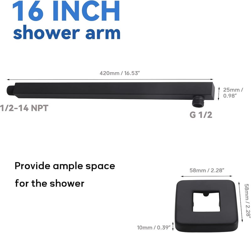 Aqua Access 16 Inch Rain Shower Head Extension Arm with Flange, Matte Black, Made of SUS 304 Stainless Steel, Square Shower Arm Wall Mounted, Rainfall Shower Arm for Morden Bathroom - Image 3
